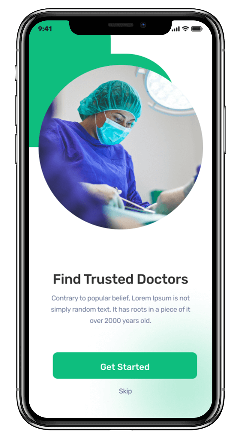 Medmatch App UI showcasing opening screen choose best doctor and get started button on it designed by Avval Digital Marketing Company.