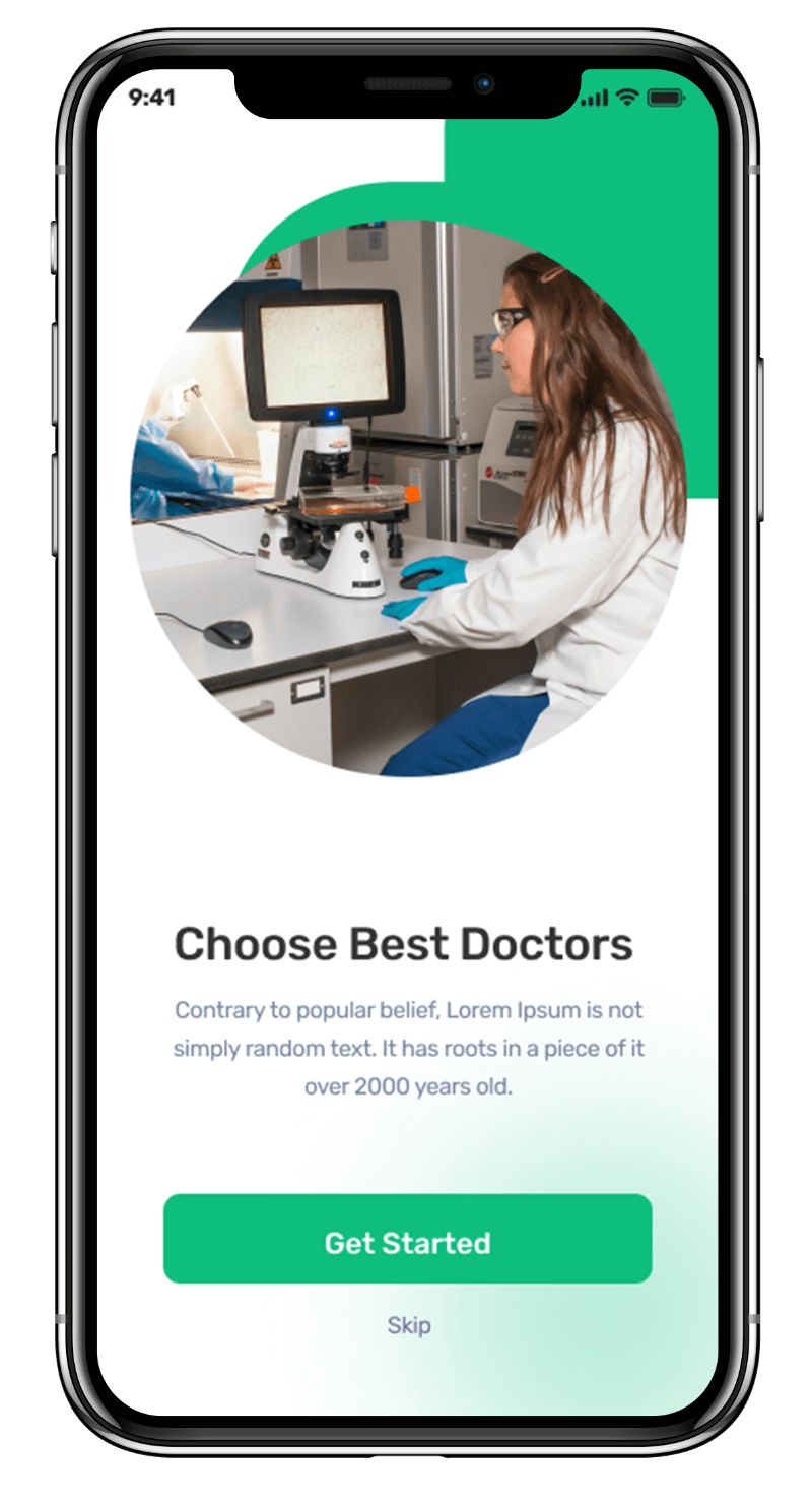 Medmatch App UI showcasing opening screen choose best doctor and get started button on it designed by Avval Digital Marketing Company.