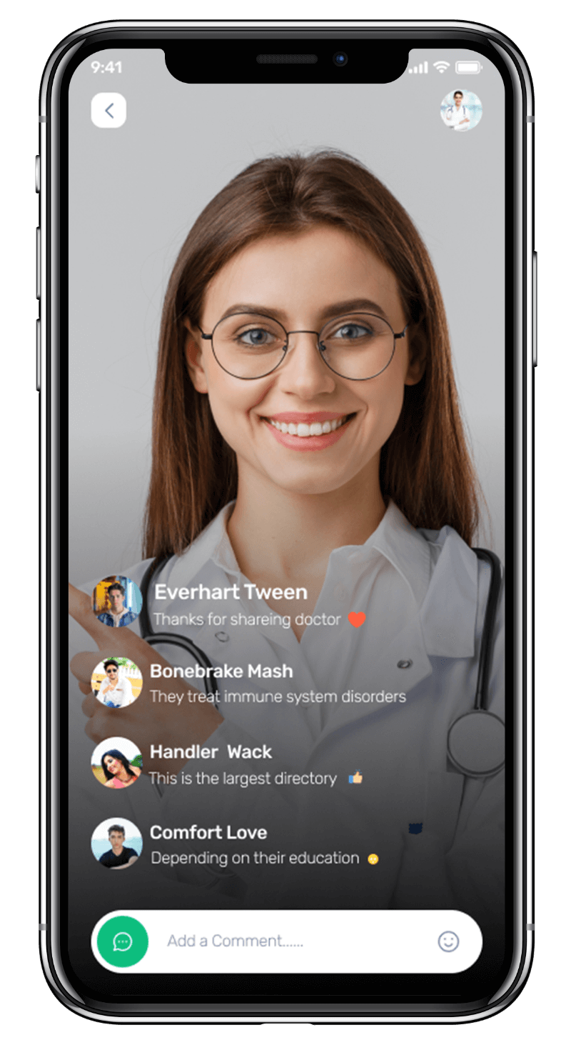 Medmatch mhealth app UI showcasing Live Doctors feature for patients to consult with doctors remotely in real-time. designed by avval digital marketing company.