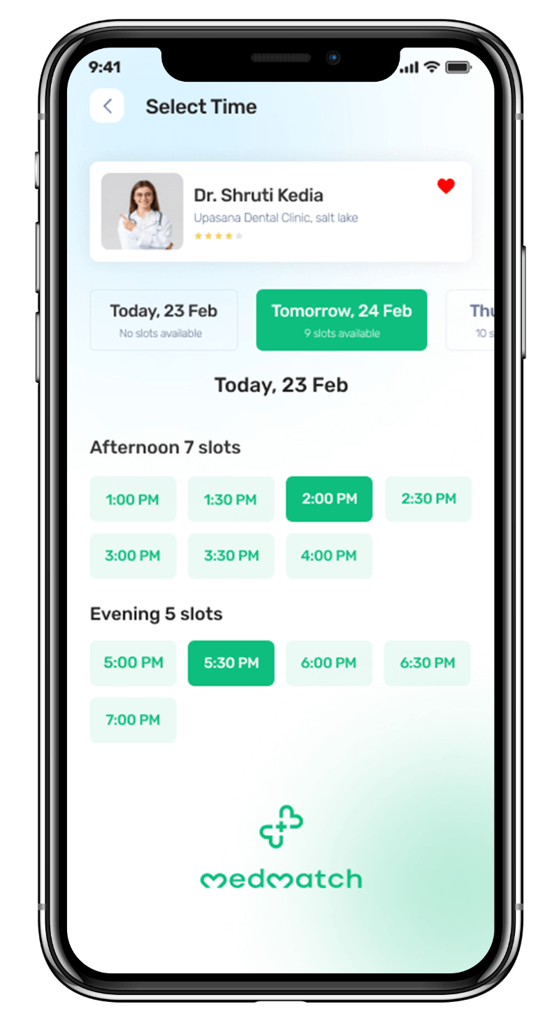 Medmatch mhealth app UI showcasing the Select Time feature for patients to schedule appointments with doctors at their preferred time.