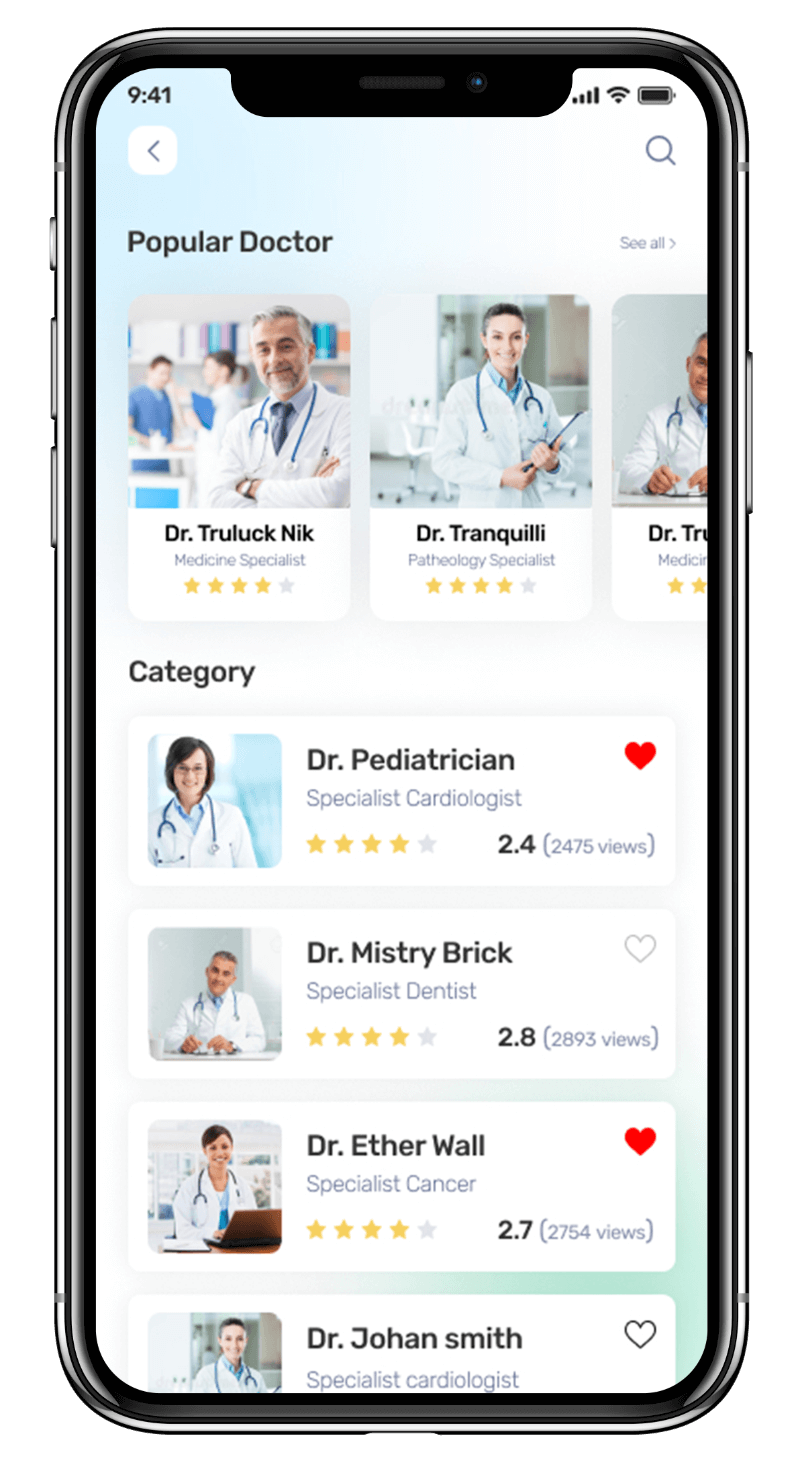 Medmatch mhealth app UI showcasing the Popular Doctors section, allowing patients to view the most sought-after doctors and their details for easy access to healthcare services. Designed by Avval Digital Marketing Company.