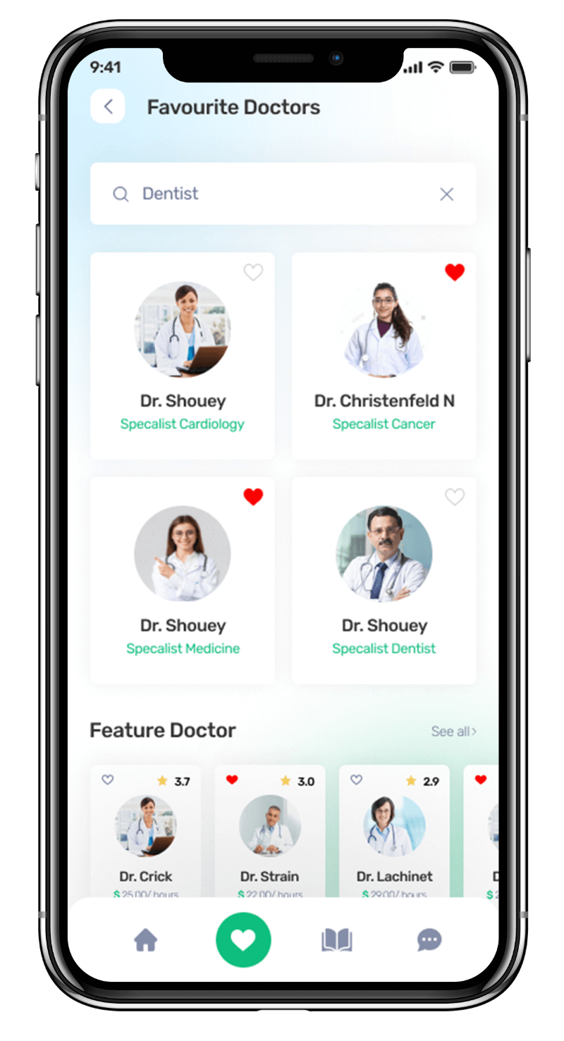 Medmatch mhealth app UI showcasing favourite doctors feature for patients to save and easily access their preferred doctors. Designed by Avval Digital Marketing Company in Bhopal.