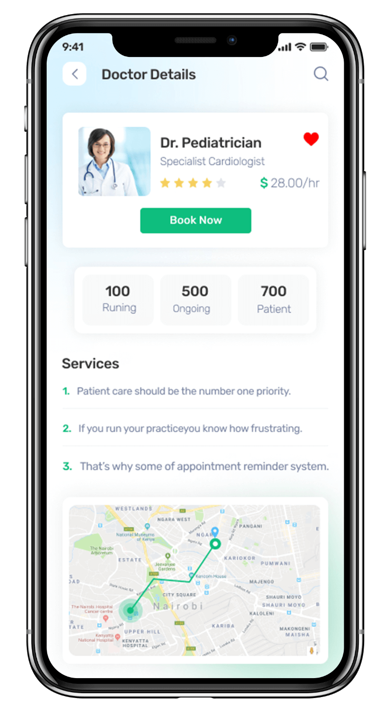 Medmatch mhealth app UI showcasing doctor details such as name, specialty, and contact information for patients to easily find and connect with healthcare providers designed by Avval Digital Marketing Company.