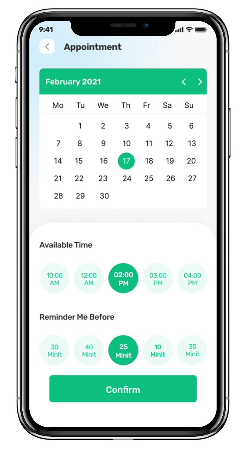 Medmatch mhealth app UI showcasing appointment scheduling feature with available time slots for patients to schedule appointments with doctors designed by Avval Digital Marketing Company.