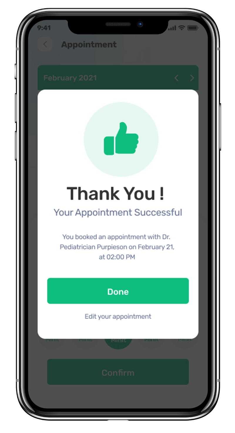 A screen in the Medmatch mhealth app showing a message "Thank You, Your Appointment is Successful". The screen features a green background with a checkmark and a message confirming that the appointment has been scheduled designed by Avval Digital Marketing Company.
