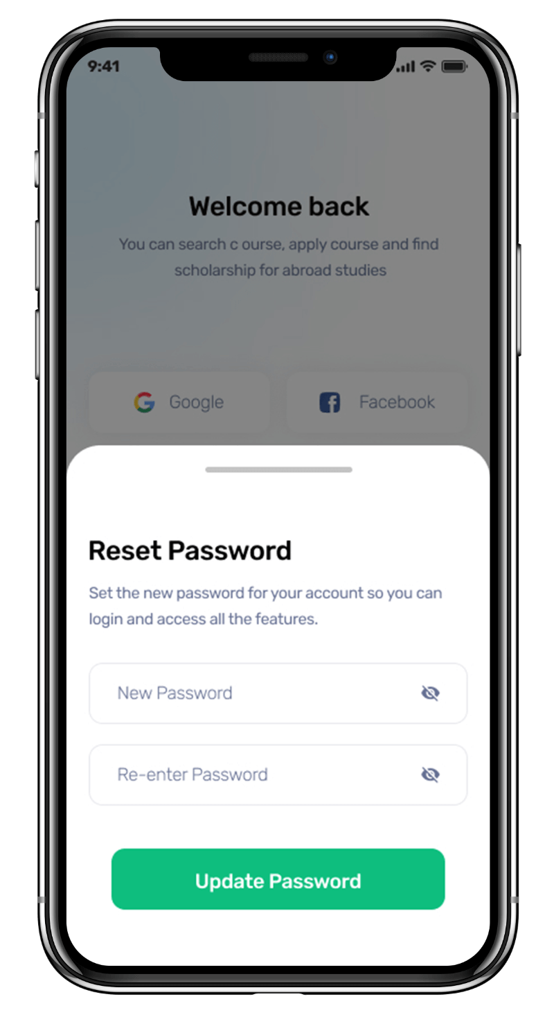 Medmatch mhealth app UI showcasing password reset feature for users to reset their account password designed by Avval Digital Marketing Company.