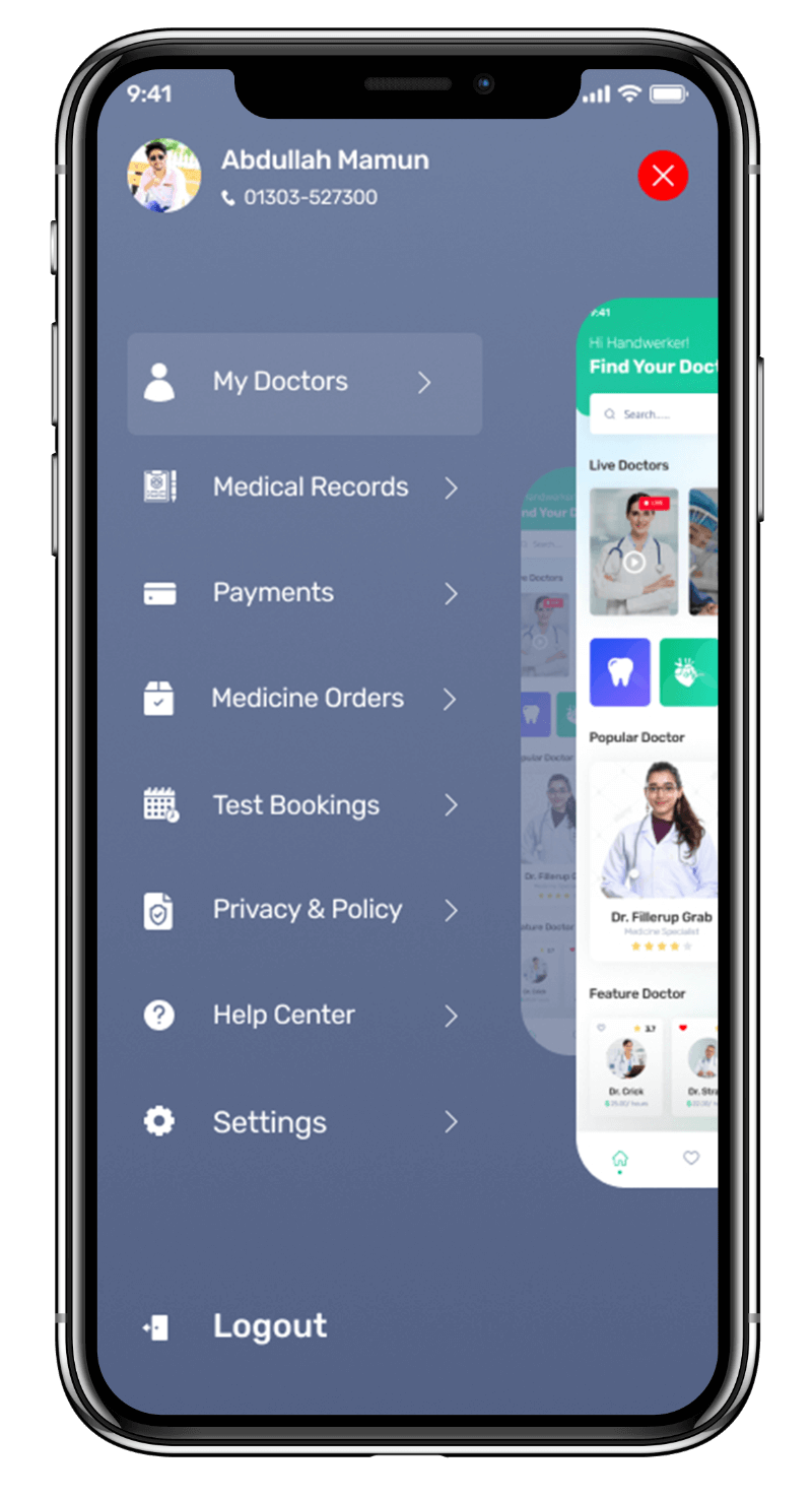 Medmatch mhealth app UI showcasing main menu with options for patients to easily navigate and access different features and services.