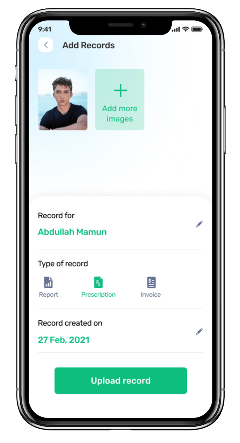 Medmatch mhealth app UI showcasing Add a Record feature for patients to add new medical records or update existing ones designed by Avval Digital Marketing Company.