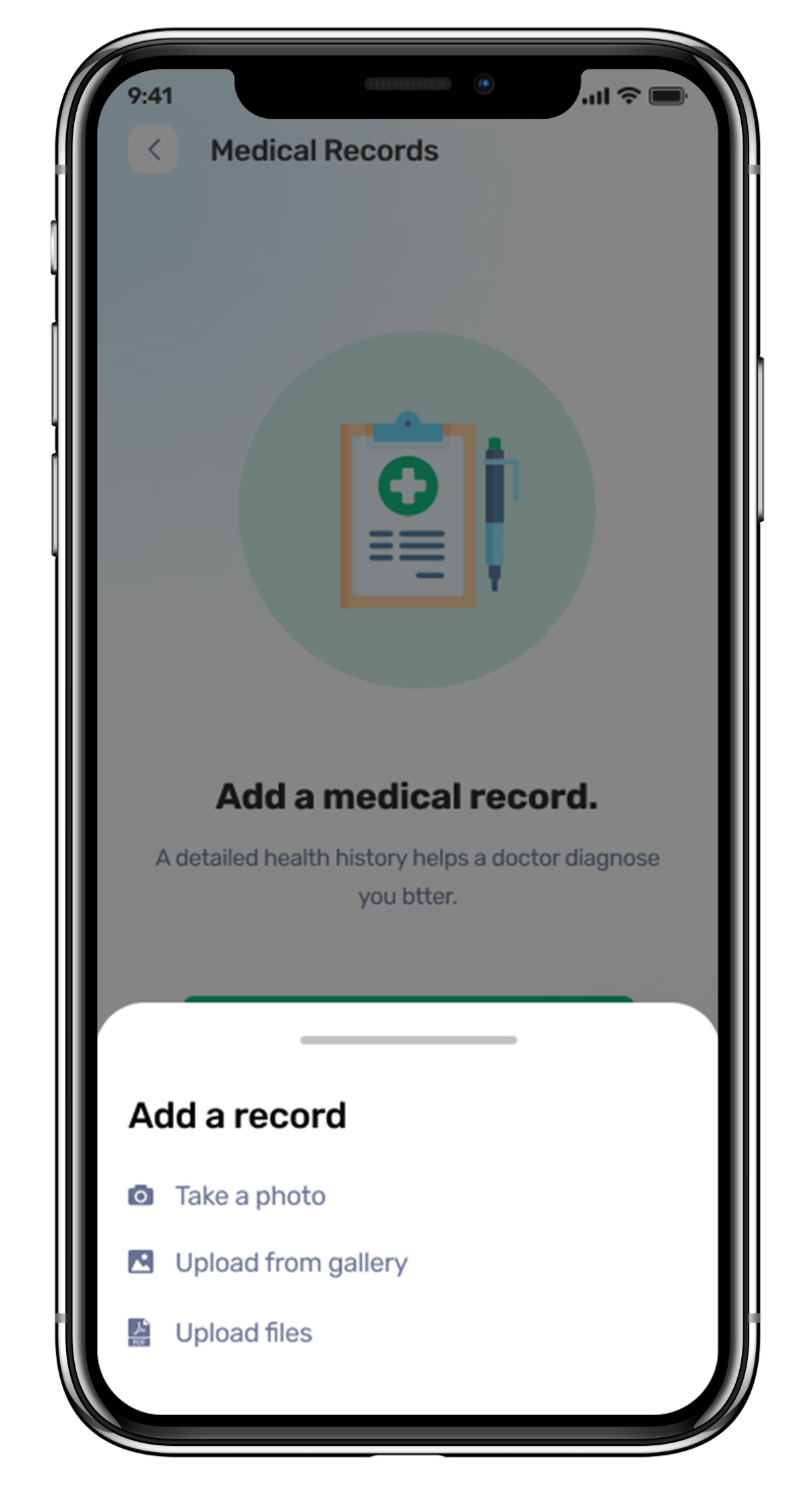 Medmatch mhealth app UI showcasing Add a Record feature for patients to add new medical records or update existing ones designed by Avval Digital Marketing Company.