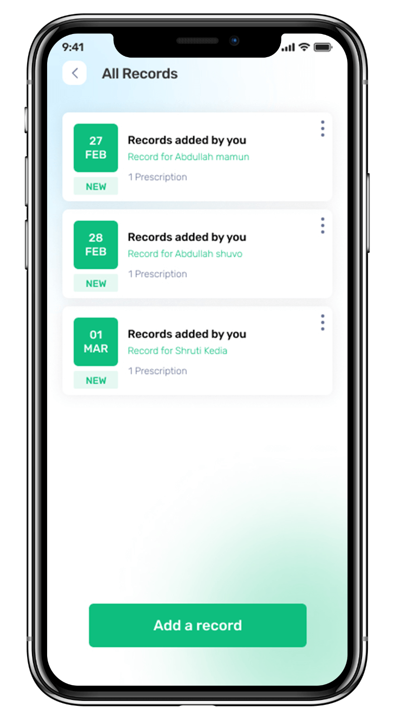 Medmatch mhealth app UI showcasing all medical records feature for patients to view their complete medical history and records in one place. Developed by Avval Digital Marketing company