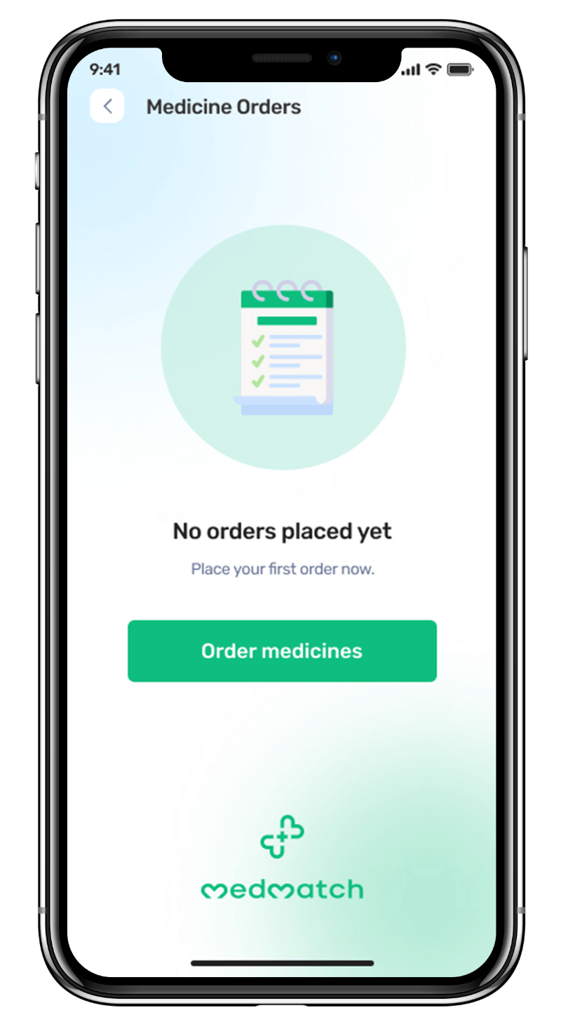 Medmatch mhealth app UI showcasing medicine ordering feature for patients to easily order and manage their medications designed by avval digital marketing company.