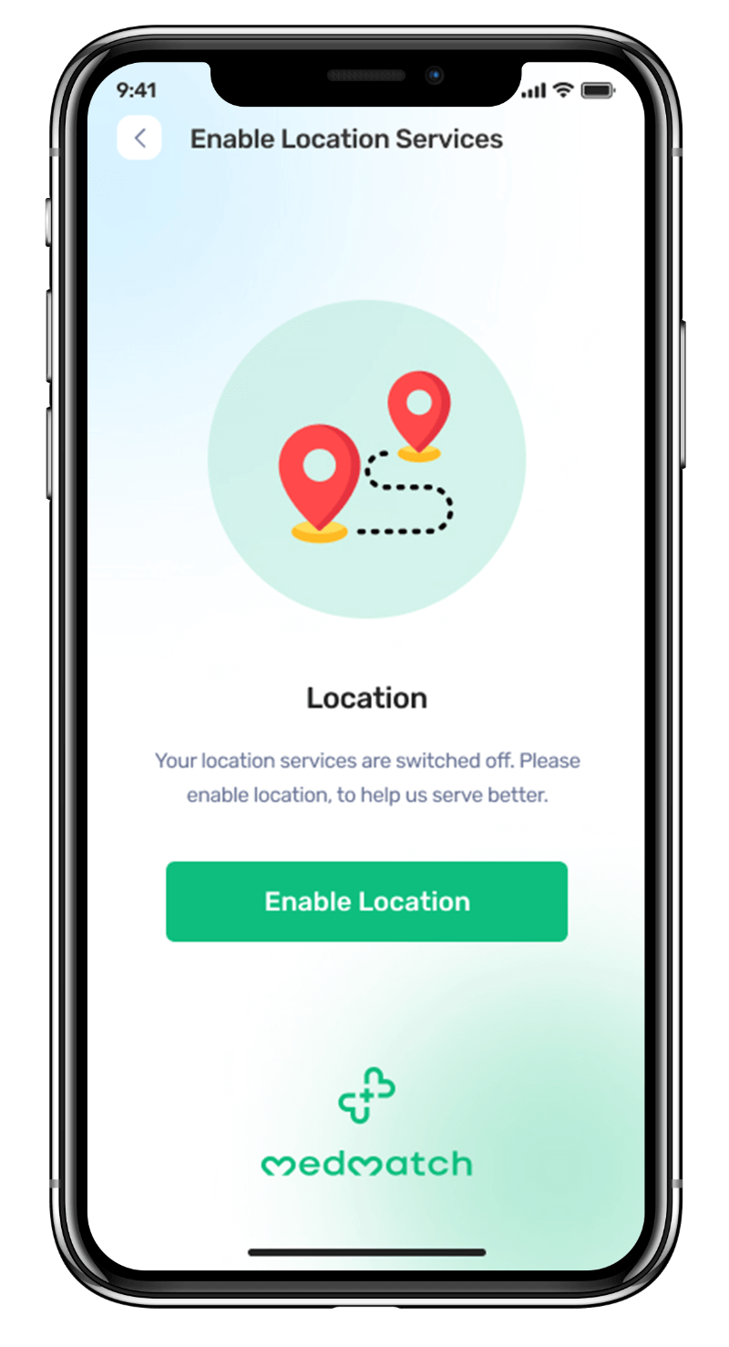 Medmatch mhealth app UI showcasing location services feature for patients to enable location and find services nearby designed and developed by Avval Digital Marketing Company.