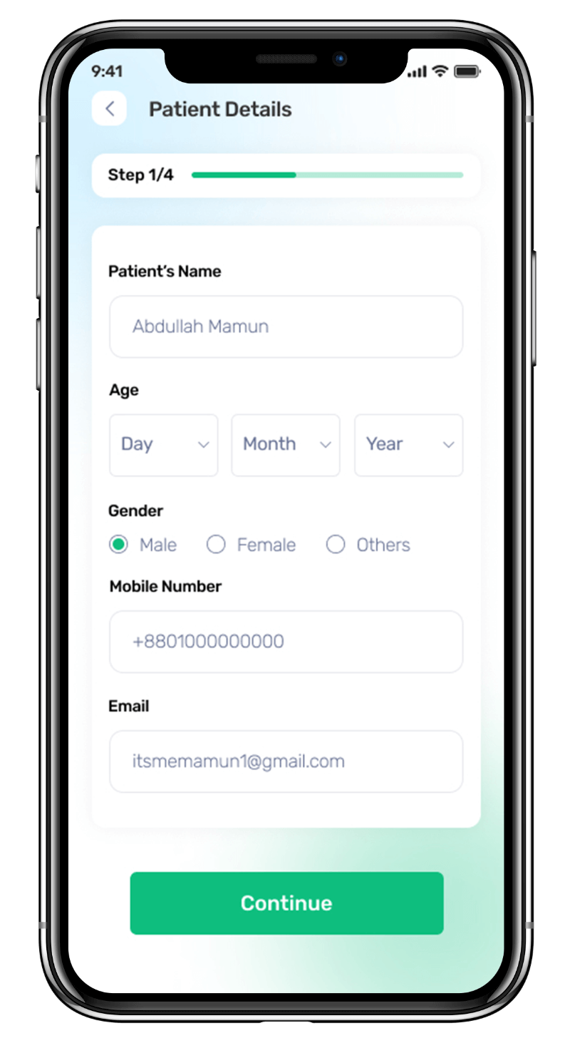 Medmatch mhealth app UI showcasing patient details for doctors to view patient's personal information and medical history. Created by Avval Digital Marketing Company in Bhopal.
