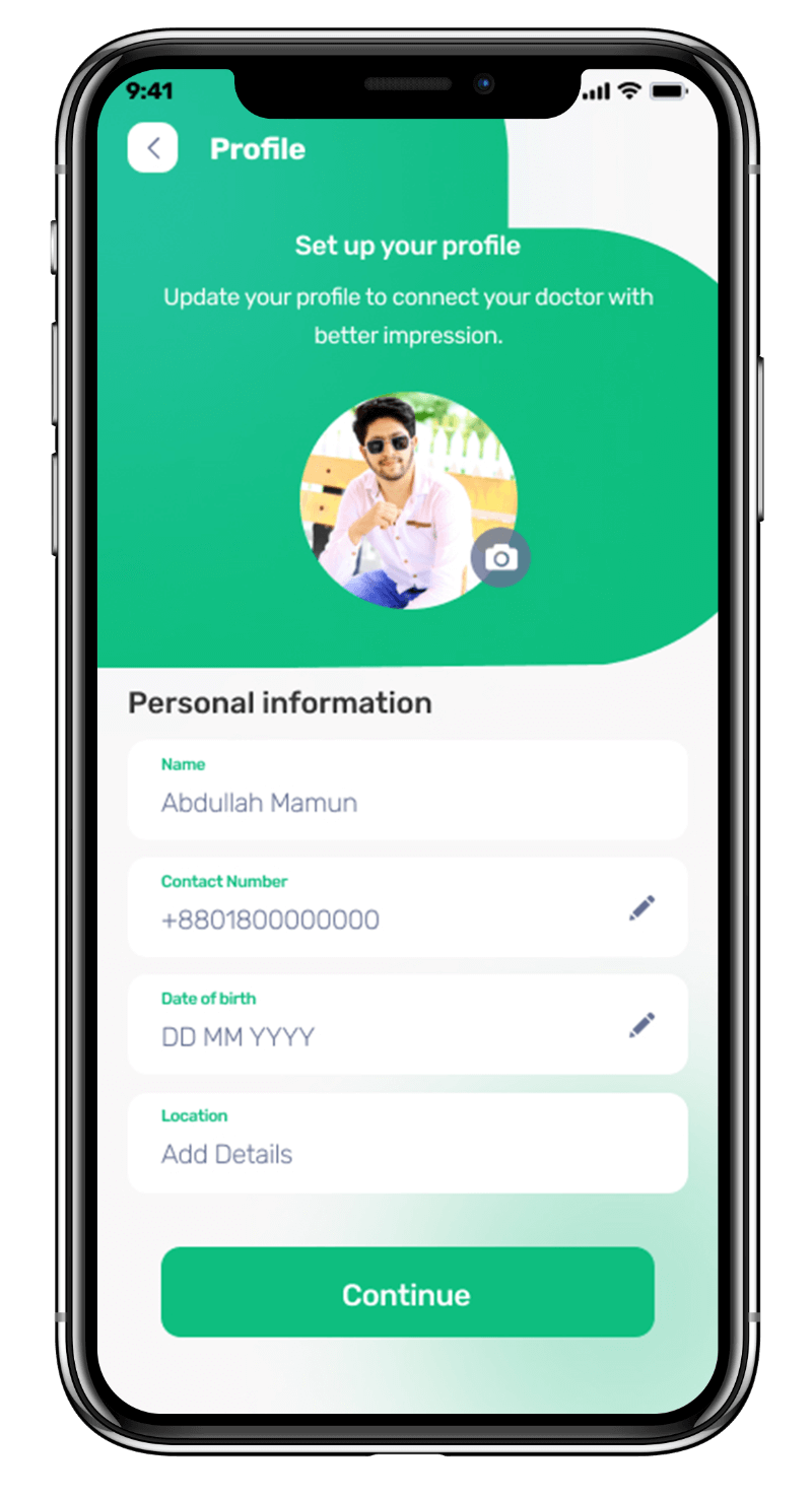 Medmatch mhealth app UI showcasing User profile with details, designed by Avval Digital Marketing Company.