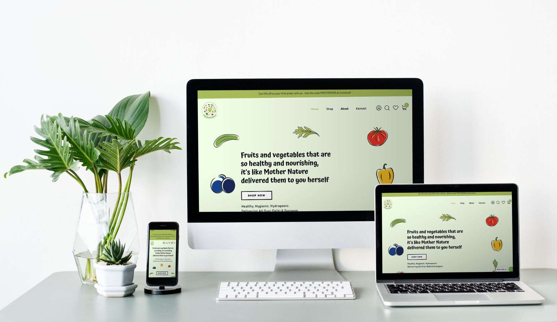 A mock up of Freshponics website designed by Avval Digital Marketing Services, showcasing healthy and nutritious produce grown using hydroponic farming techniques