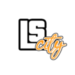 The image showcases the logo of LS city a modern design in black whicte and yellow color transparent background designed by avval seo company in bhopal