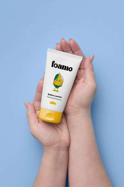 A mockup showcasing the packaging and labeling design for Foamo's Baby Shower Gel by Avval Digital Marketing Company