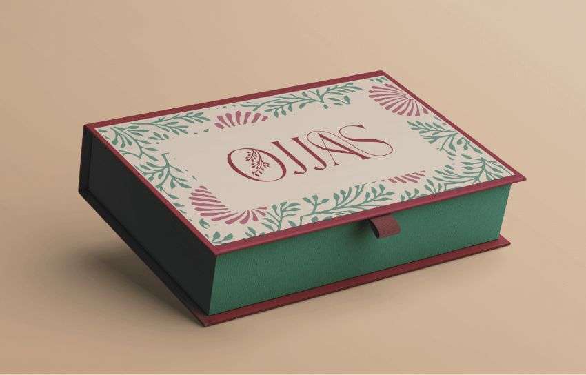 A Magnetic box with green and pink floral print, designed by Avval Digital Marketing Company for Ojjas brand