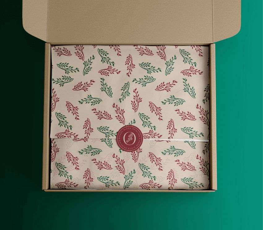 A cardboard box with green and pink floral print, designed by Avval Digital Marketing Company for Ojjas brand
