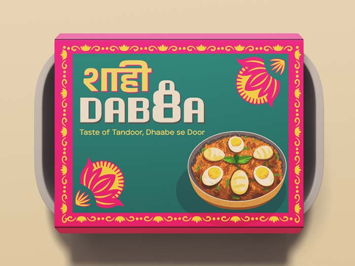 A design of packaging of the Shahi Dabba Indian restaurant branding created by Avval Digital Marketing Company